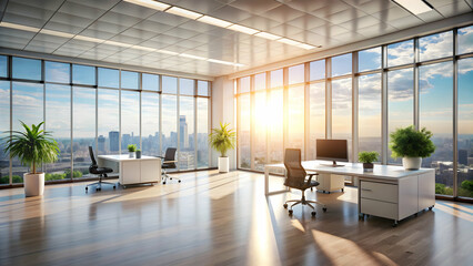 Fototapeta premium Bright office with a blank wall, large windows, and sunlight streaming in , Mockup, rendering
