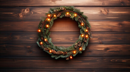 Christmas wreath hanging on a dark brown wooden wall
