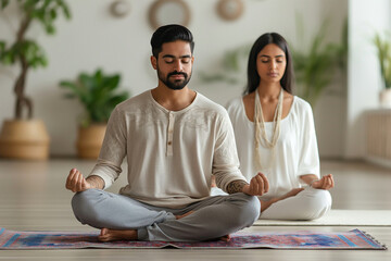 A man and woman are sitting on a rug, both meditating