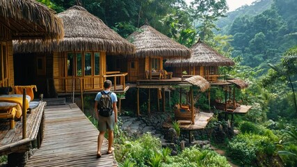A traveler staying in a traditional bamboo house, immersing in local customs and lifestyle in a serene, natural environment. - Powered by Adobe
