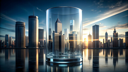 Stunning photograph of a glass cylinder reflecting a futuristic cityscape , glass cylinder,cityscape, futuristic