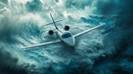 Fototapeta premium A small private jet navigates through turbulent storm clouds at dusk, emerging dramatically from the eye of a tempest