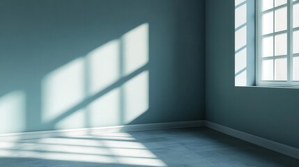 minimalist 3d rendered interior empty corner room with soft blue walls dramatic shadows cast by unseen window create abstract patterns clean lines and muted tones evoke calm modern aesthetic
