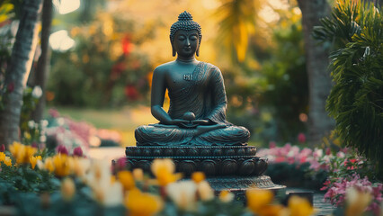 Peaceful Buddha Statue Garden Serene Meditation Spiritual Zen Tranquil Setting
