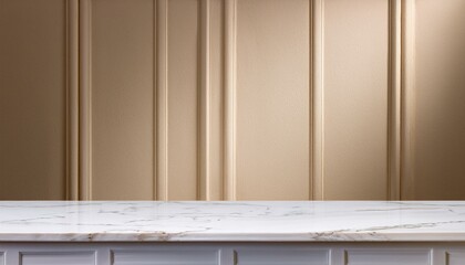 Beige tabletop on classic wall panels background. Empty concrete countertop for cosmetics, drinks and food presentation. Clean marble desk for advertising design. white wooden window with curtains