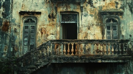 Weathered Facade with Shutters and a Balcony