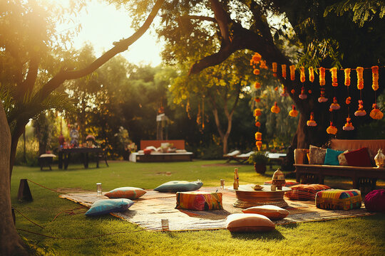 A group of people are sitting on a lawn with colorful pillows and decorations