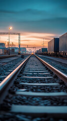 Obraz premium Efficient Rail Freight Loading Operations Captured at Dusk 
