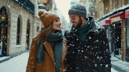 A winter fashion scene with a stylish couple wearing wool coats and scarves, walking through a snow-covered urban street with soft falling snow.