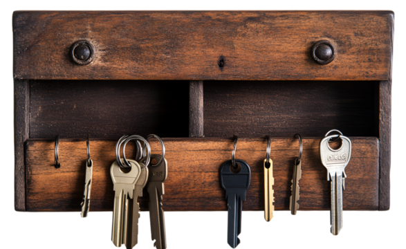 a group of keys on hooks. 