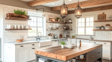 A stylish farmhouse kitchen with a mix of open shelving and white cabinetry