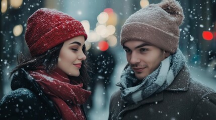 A winter fashion scene with a stylish couple wearing wool coats and scarves, walking through a snow-covered urban street with soft falling snow.