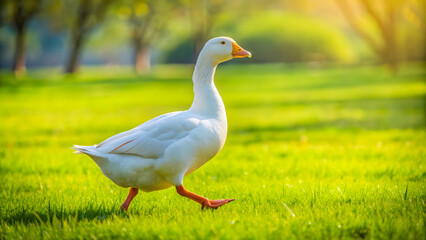 White goose gracefully walking across vibrant green grass on a sunny day, goose, animal, wildlife, bird, white, feathers, grass