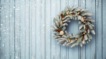 Christmas wreath hanging on a light blue wooden wall