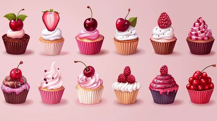 cute dessert set. Stylized cakes, ice cream and cherry isolated on light pink background. Vector fruit and bakery illustration. Dessert illustrated card in hand-drawn style