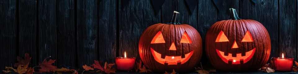 Carved pumpkins with glowing faces in front of a rustic fence, surrounded by autumn leaves and candles, [Halloween banner], [festive and spooky decoration].