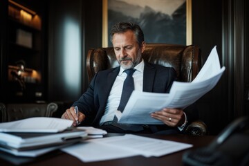 A dedicated executive deeply focused on analytical paperwork in a sophisticated office environment, showcasing concentration, diligence, and professional dedication.