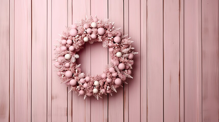 Christmas wreath hanging on a light pink wooden wall