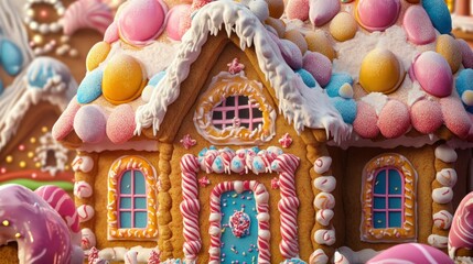 A Close-Up View of a Detailed Gingerbread House Decorated with Candy and Frosting