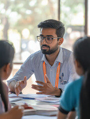 A man wearing glasses is talking to two other people