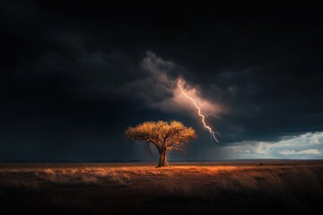 A lightning bolt pierces the dark sky and strikes near a solitary tree standing in the middle of a vast field, creating a powerful and atmospheric scene under stormy weather.