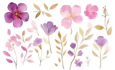 Watercolor pastel pink and purple wildflowers clipart, on a white background, with flowers in various poses and green leaves