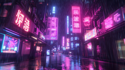 Obraz premium Nighttime cityscape withrainy evening and neon lights in vibrant colors illuminate the scene