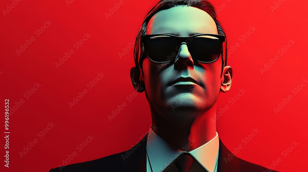 Poster A man in a suit and sunglasses is standing in front of a red background