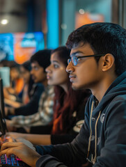 A group of people are sitting in front of computers
