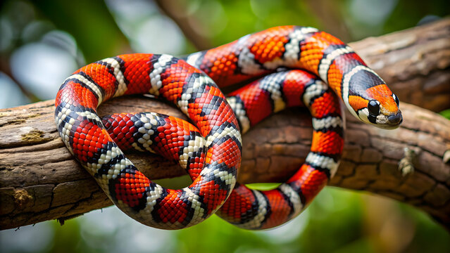Close up image of a colorful milk snake coiled on a branch, milk snake, reptile, vibrant, colorful, coiled, slithering, patterned