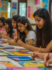 A group of women are painting pictures together