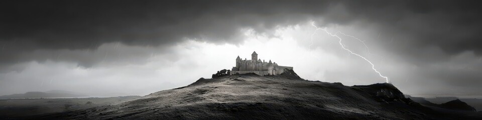 Gothic vampire castle on a hill, lightning flashing in the background, stormy sky, cinematic view, dark gothic style, grayscale with pops of red.