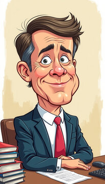 A cartoon of a businessman sitting at a desk, wearing a suit and red tie, with a cheerful expression and wide-open eyes. His desk is piled high with books and papers, and a computer mouse is lying nea