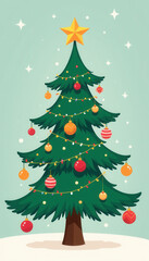 Festive Christmas tree with brightly colored ornaments and wrapped gifts on a snowy base, surrounded by twinkling stars on a delicate background.