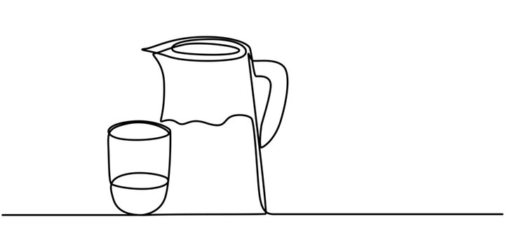 recommend clip art: Jug and glass one line drawing on white isolated background. Vector illustration, Continuous line drawing of water jug. Line art of jug. One line drawing background. Vector illustration, Pitcher