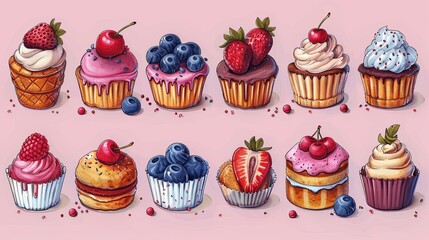 cute dessert set. Stylized cakes, ice cream and cherry isolated on light pink background. Vector fruit and bakery illustration. Dessert illustrated card in hand-drawn style