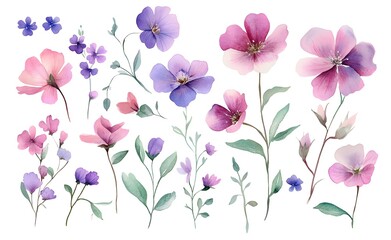 Watercolor pastel pink and purple wildflowers clipart, on a white background, with flowers in various poses and green leaves