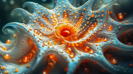 Surreal Coral-Like Microscopic Entity Drenched in Water Droplets