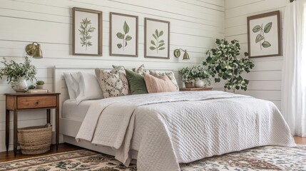 An inviting farmhouse bedroom with shiplap walls painted white