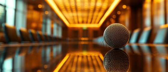A golf ball rests on a glossy table in a modern conference room with warm lighting and elegant decor.
