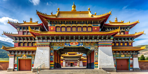 Fototapeta premium Entrance exit arch of Huiyuan monastery in Daofu County, Garze Tibetan Autonomous Prefecture