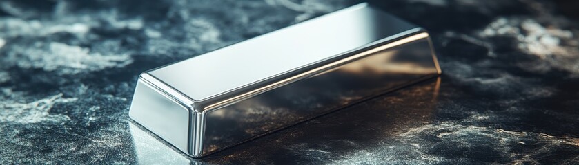 A shiny metal ingot resting on a textured surface, showcasing its reflective surfaces and industrial quality.