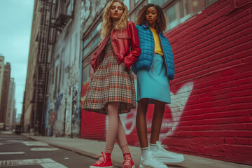 Dynamic editorial shoot showcasing urban fashion styles in a vibrant alleyway during the golden hour, capturing youthful energy and creativity