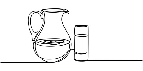 Jug and glass one line drawing on white isolated background. Vector illustration, Continuous line drawing of water jug. Line art of jug. One line drawing background. Vector illustration, Pitcher