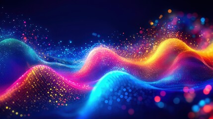 Obraz premium A vibrant wave of colorful particles flowing gracefully against a dark background.