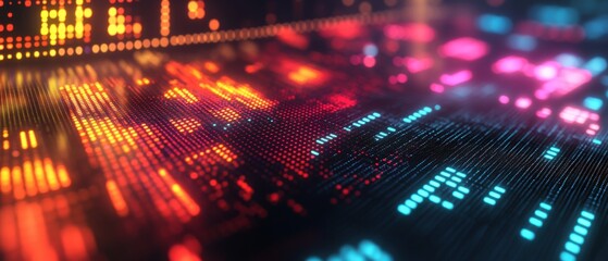 Obraz premium Abstract digital background with colorful glowing lights and data patterns, ideal for tech designs.
