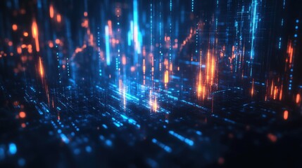 Fototapeta premium Abstract digital background with glowing lines and particles in blue and orange tones.