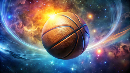 Obraz premium Spinning basketball with lunar textures surrounded by cosmic elements and glowing stars in vivid colors, digital , Space