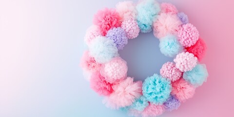 beautiful wreath made of tulle balls in pastel colors isolated on solid background