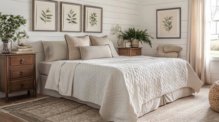 Fototapeta premium An inviting farmhouse bedroom with shiplap walls painted white